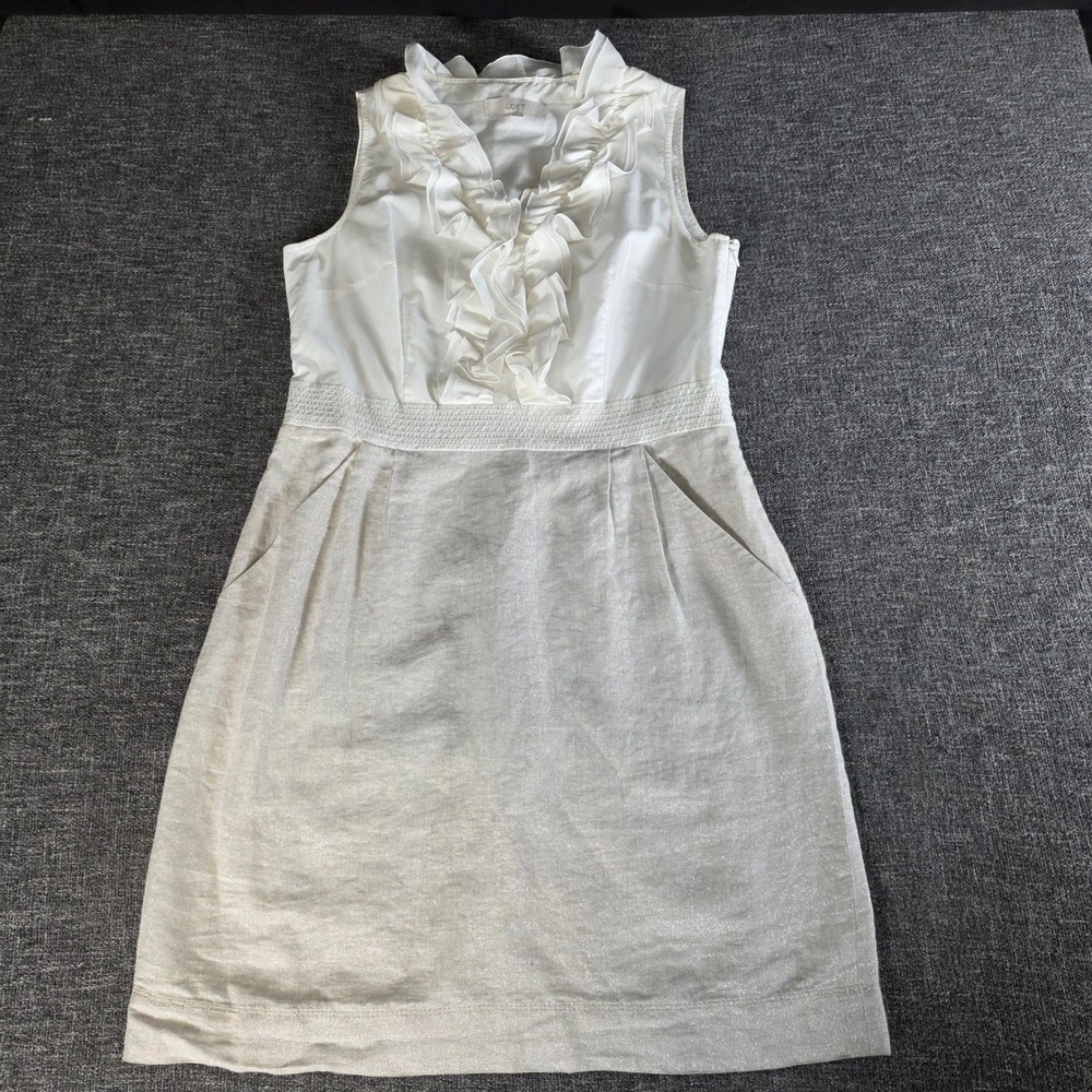 Ann Taylor Loft White Ruffle Sleeveless Linen Metallic Sheath Dress 12 258335
